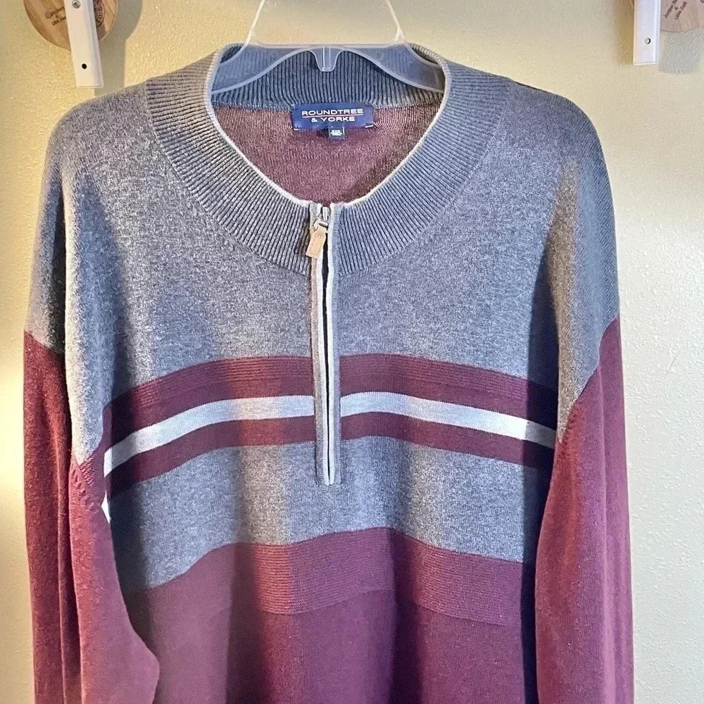 Roundtree & Yorke Men's Size 3XB Pullover Sweater Gray Burgundy Stripe